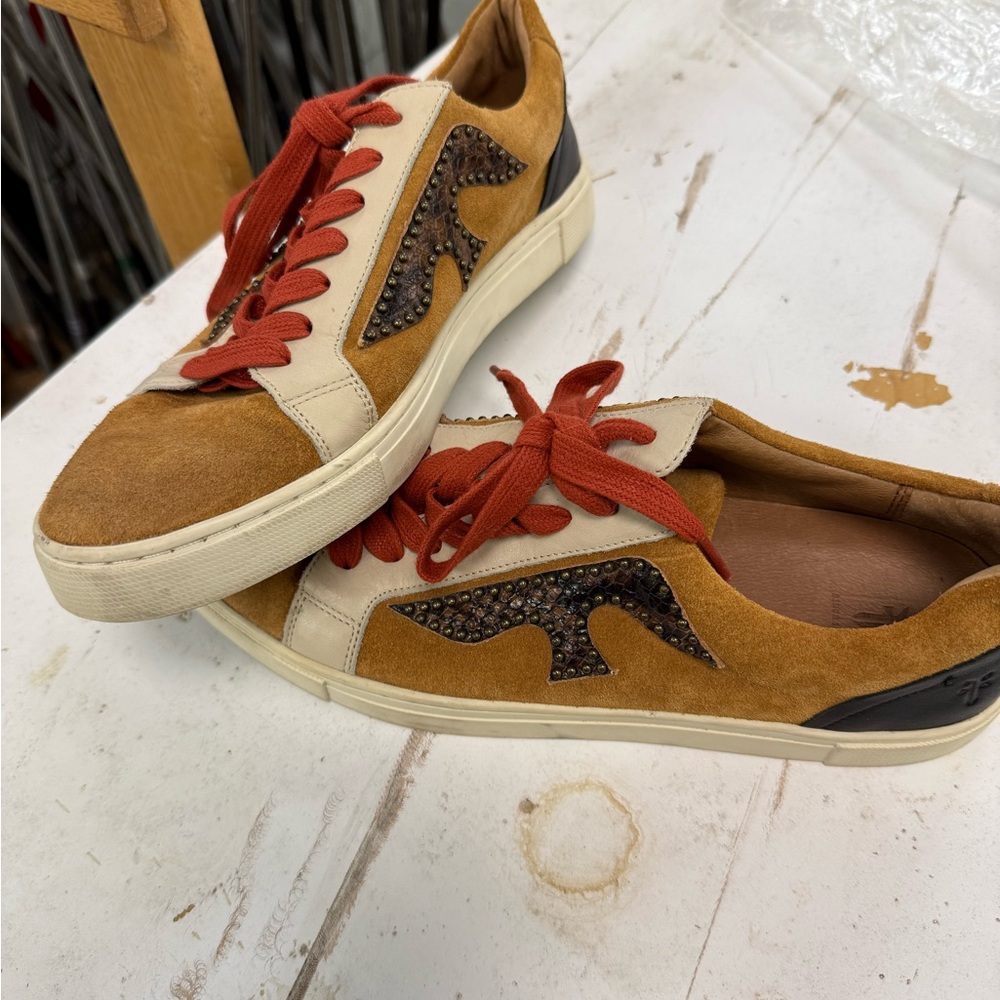 FRYE snake embossed Brown and Cream Sneakers with Red Laces